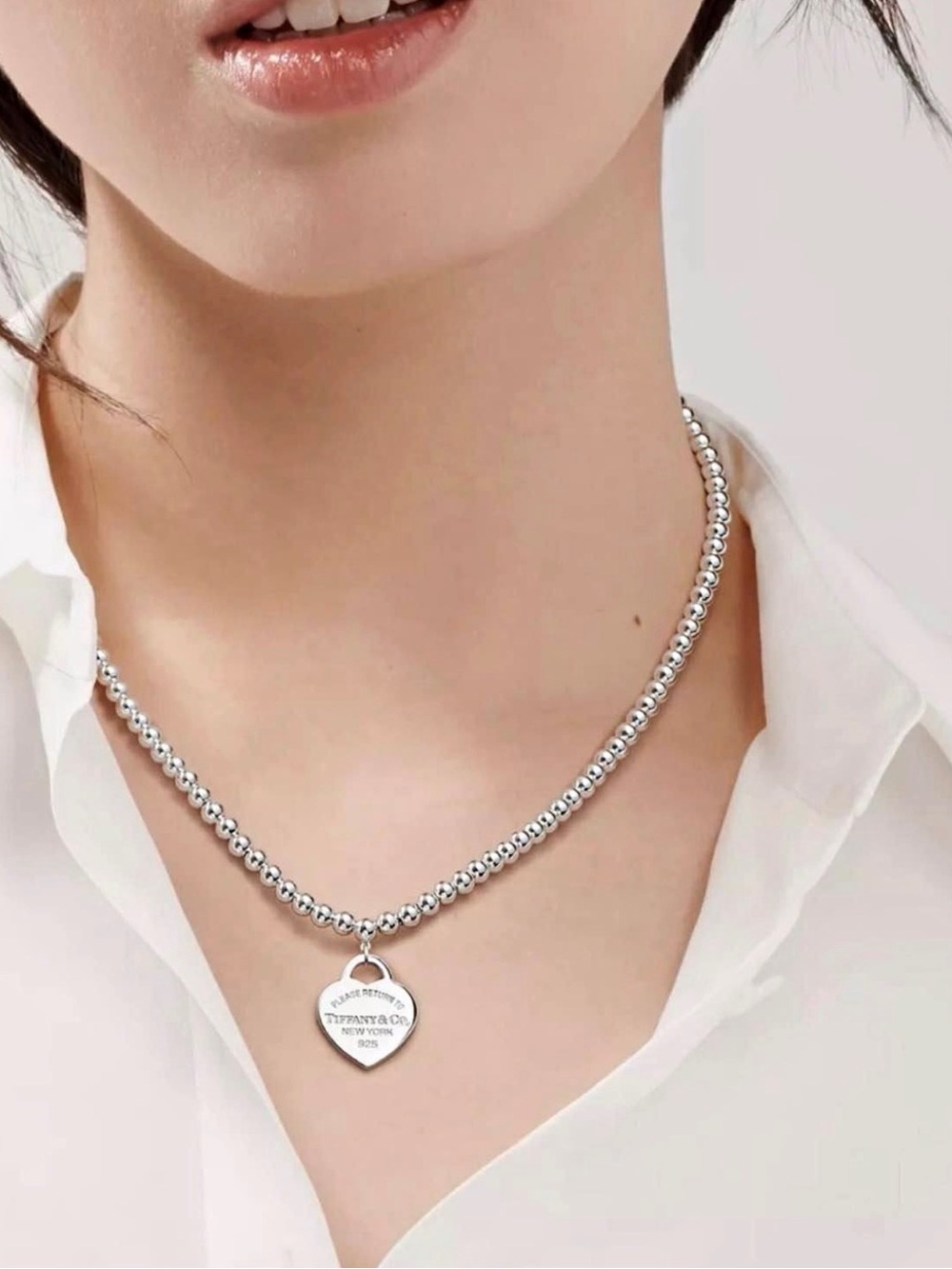 Tiffany & Co. Silver Beaded Heart Tag Necklace